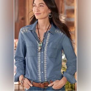 Sundance Meera Top Blue Pinstripe Pearl Snap Embroidered Cotton Western Size S